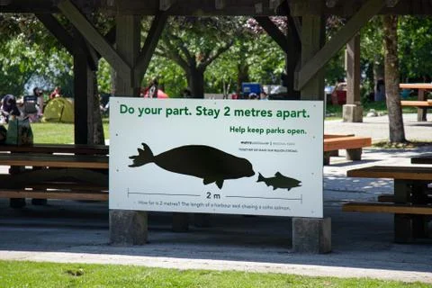 View of sign "Do your part. Stay 2 metres apart" in Belcarra Regional Park Stock Photos