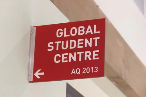 View of sign "Global Student Centre" in Simon Fraser University Campus Stock Photos