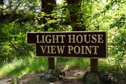 View of sign Lighthouse viewpoint inside Lighthouse Park in West Vancouver Stock Photos