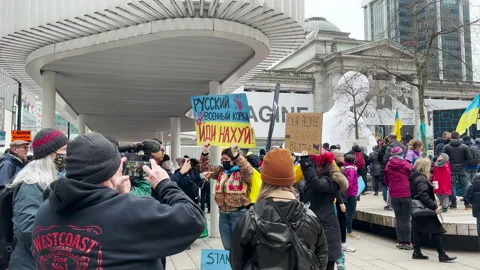 View of sign No war in Ukraine during the rally against invasion of Ukraine Stock Footage 171092249