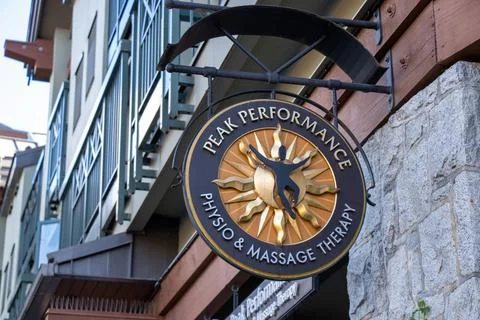 View of sign Peak Perfomance Physio and Massage Therapy in Whistler Village Stock Photos