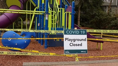 View of sign "Playground Closed due to COVID-19" in North Vancouver Stock Footage 127541144