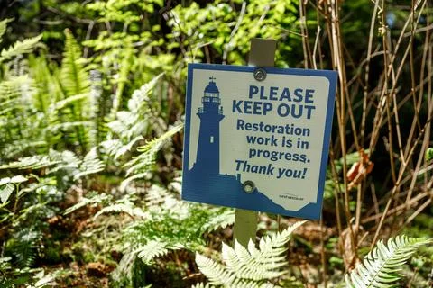 View of sign Please Keep Out Restoration work is in Progress Stock Photos