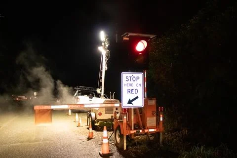 View of sign Stop Here On Red due to A major upgrade to Highway 4 Stock Photos