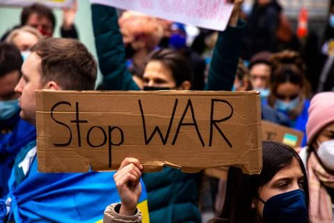 View of sign Stop War during the rally against invasion of Ukraine Stock Photos