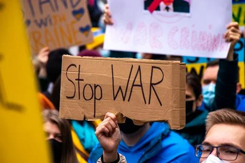 View of sign Stop War during the rally against invasion of Ukraine Stock Photos