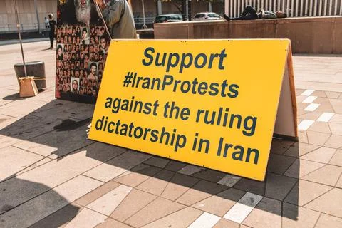 View of sign Support Iran Protests afainst rulling dictatorship in Iran Stock Photos