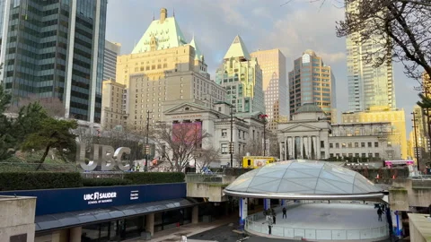 View of sign UBC Robson Square in Downtown Vancouver Stock Footage 174589785