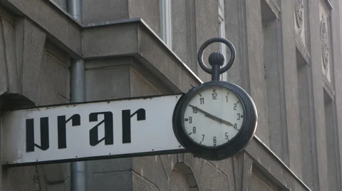 View of a sign of a watchmaker workshop in  Sarajevo Stock Footage 59828737