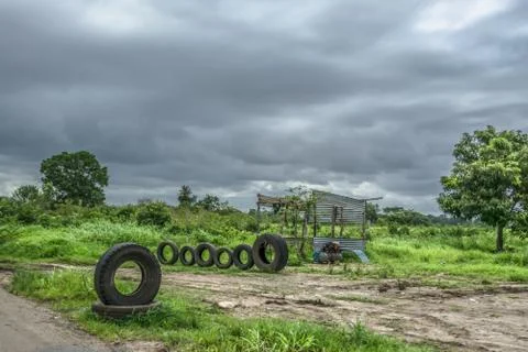 View of a simple workshop to change tires at the roadside Stock Photos