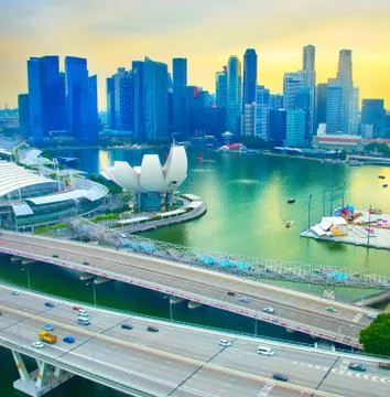 View of Singapore Downtownat sunset Stock Photos