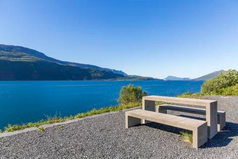 View of the Sjonafjord from the Hellaga rest area, Norway Stock Photos