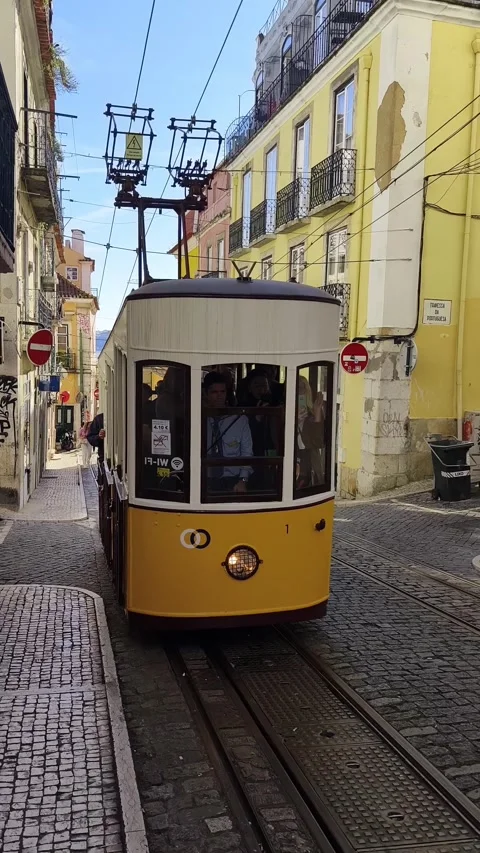 View of the ski slope and the Bica tram, Lisbon, Portugal Stock Footage 269530610