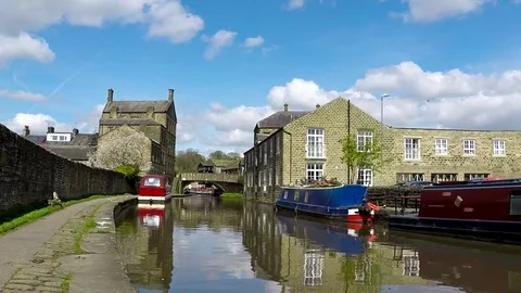 View of Skipton and the Leeds and Liverpool Canal, UK, England Stock Footage 77886975