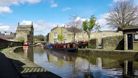View of Skipton and the Leeds and Liverpool Canal, UK, England Stock Footage 77886981
