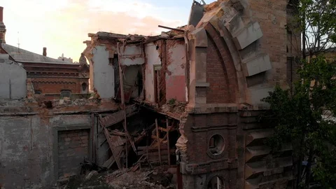 View from the sky on abandoned old building on twilight sky background Stock Footage 89539157
