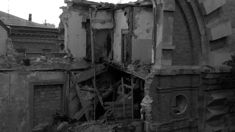 View from the sky on abandoned old building on twilight sky background Video stock 89539192