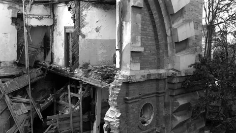 View from the sky on abandoned old building on twilight sky, close-up Stock Footage 89539214