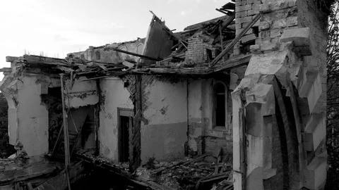 View from the sky on abandoned old building on twilight sky background Video stock 89539224
