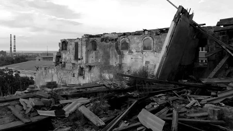 View from the sky on abandoned old building on twilight sky background Stock Footage 89539399