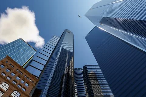 View of the sky between skyscrapers in the financial district - 3D Illustrati Stock Illustration