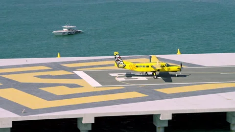The view of Skydive Dubai Palm Drop-zone platform where you can see the Stock Footage 136612950