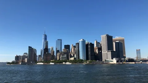 View on skyline of Manhattan and New York from  ferry Stock Footage 113055682