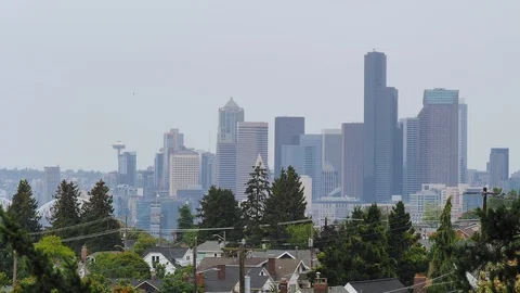 View of skyline of Seattle viewing north from Jefferson Park Stock Footage 97361940