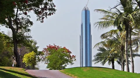 View on the skyscraper in Dubai city from golf resort Stock Footage 46895995