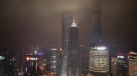 View of Skyscraper at night in Pudong district , Shanghai,  China Stock Footage 38871965