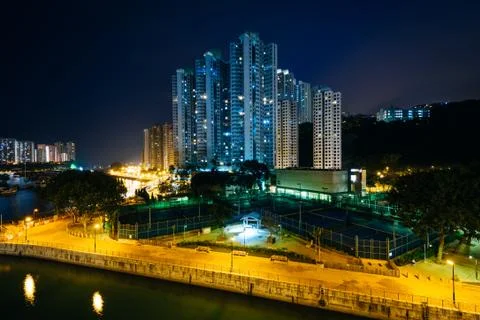 View of skyscrapers in Aberdeen from the Ap Lei Chau Bridge at night, in Hong Stock Photos
