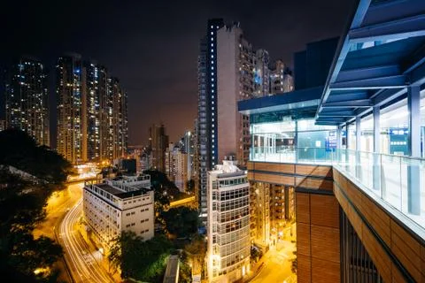 View of skyscrapers and Pok Fu Lam Road at night, from Hong Kong University,  Stock Photos