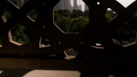 View of skyscrapers in dubai through a round small window Stock Footage 234718288
