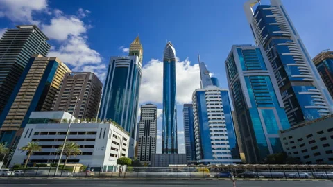 View on skyscrapers in Financial center of Dubai, United Arab Emirates Stock Footage
