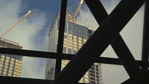 View of skyscrapers under construction through the technical ceiling of the e Video stock 149703271