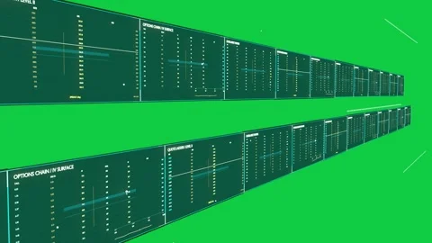 View sliding right revealing data wall panels scanning ticker updating market, Stock Footage 337506371