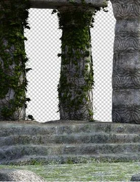 A view of a small ancient monument, a column covered with leaves Stock Illustration