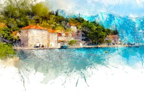 A view of a small cozy town with architecture in the old style. Perast Stock Illustration