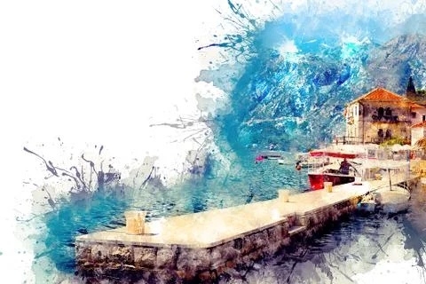 A view of a small cozy town with architecture in the old style. Perast Stock Illustration