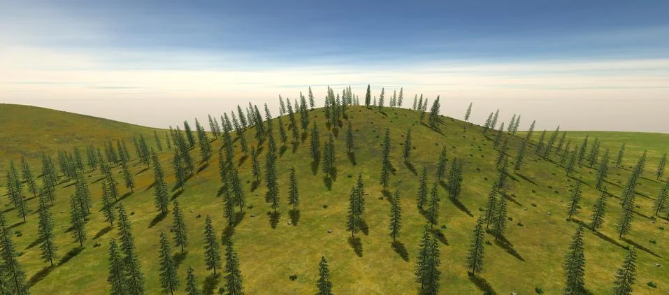 View of the small hill on which are growing trees and grass Stock Illustration