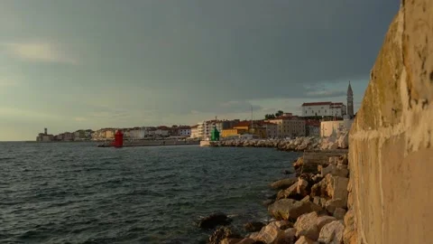 View of small historic seaside town Piran, Slovenia Stock Footage 157383536