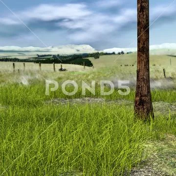 View of a small lawn with plenty of grass, a valley, and a forest behind Stock Illustration