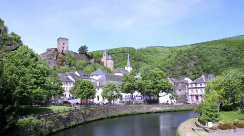 View of the small Luxembourg town Esch-sur-Sûre. Stock Footage 38674582