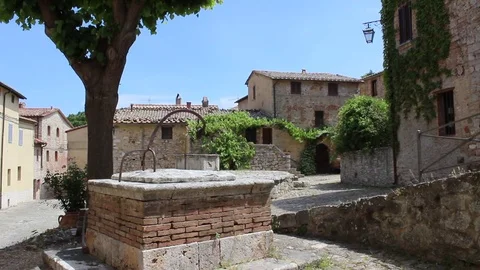 View of small medieval village.Cisterna square, Rocca D'Orcia, Siena, Tuscany Stock Footage 80159373