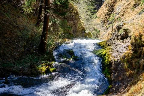 View of a small mountain river flowing through stone cascades in the mountain Stock Photos