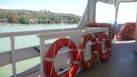 View from a Small Passenger Ship With Many Lifebuoys Stock Footage 244815868