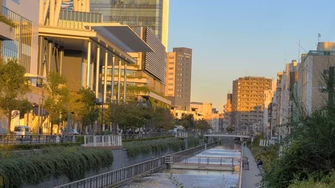 A view of the small river with the bridge in Nagoya Japan Stock Footage 123521996