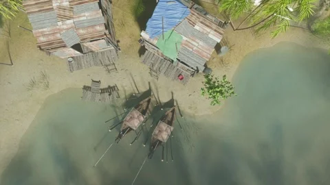 View of small river with old boats and house Stock Footage 313434593