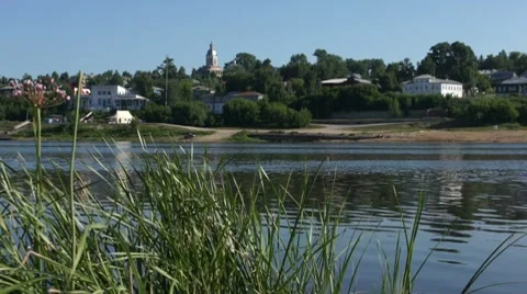 View on small russian town from other riverside Stock Footage 7902063