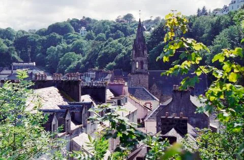 View of a small Scottish town surrounded by greenery, A.D. Stock Photos